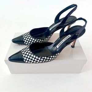 MANOLO BLAHNIK | Black White Cap Toe Woven Leather SlingBack Pointed Pumps